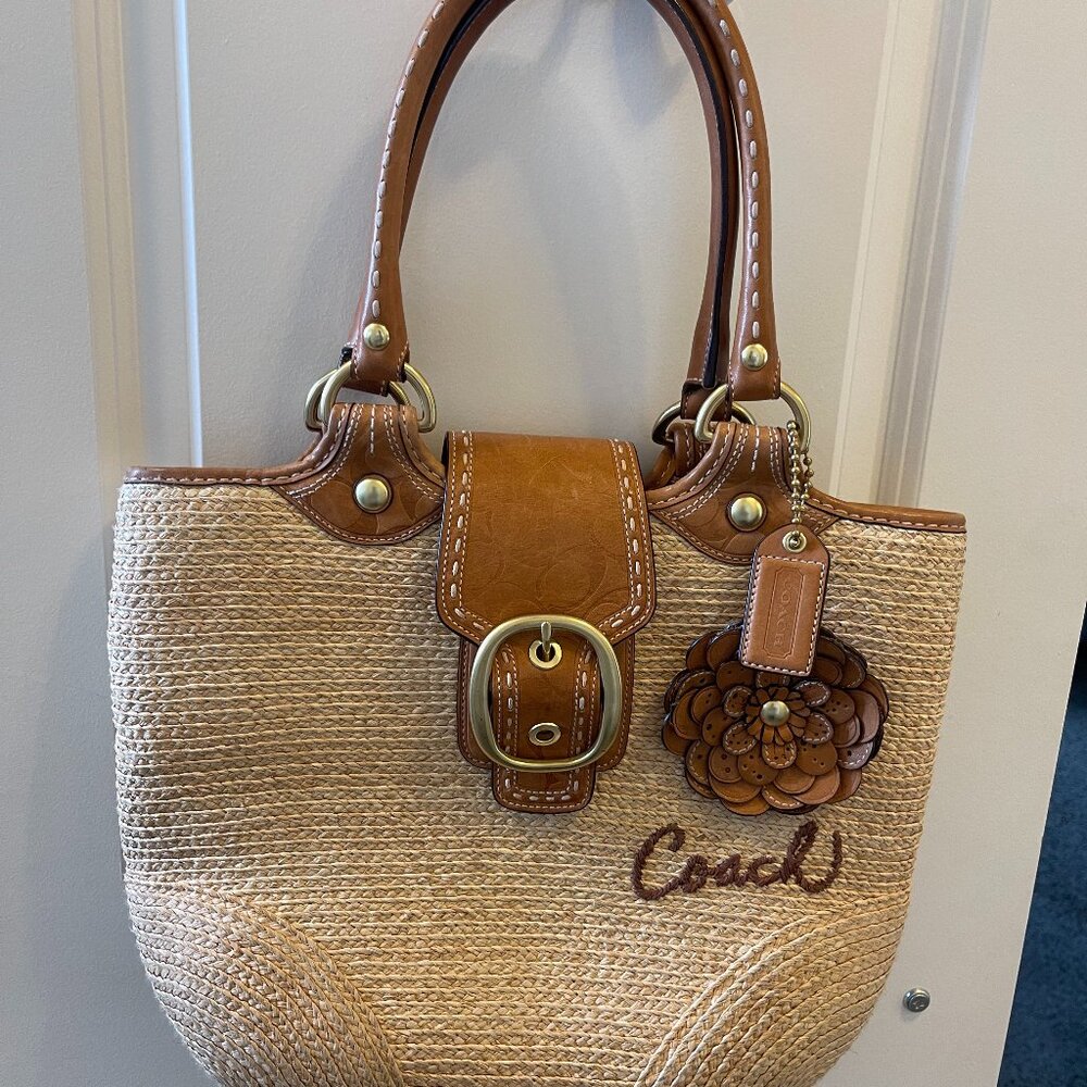 Coach Bleecker Handbag Straw Tote 11798 Tan Leather Flower Shoulder Bag Satchel